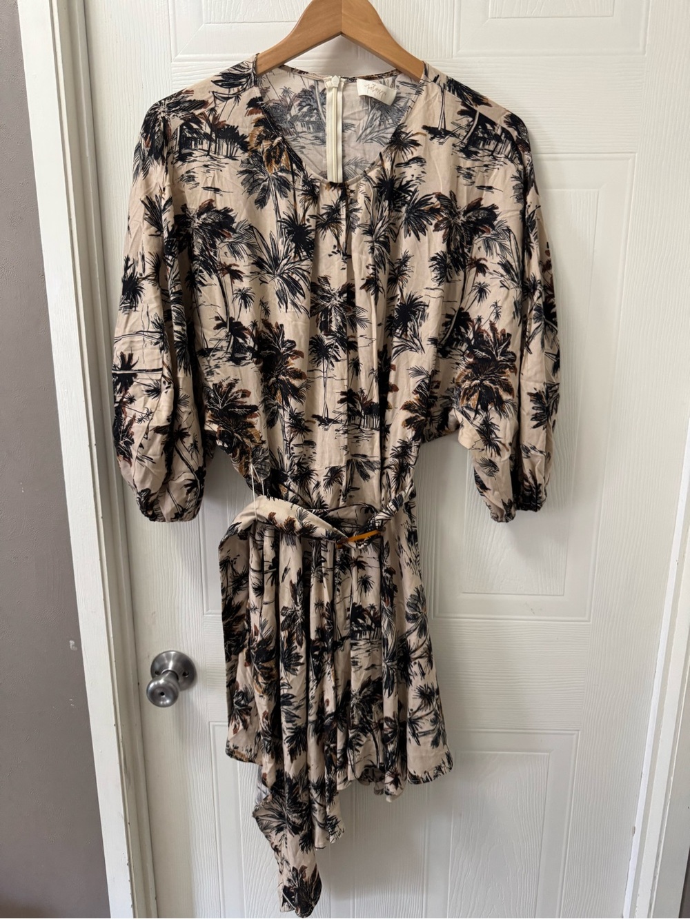 Petersyn Beige Palm-Print Mini Dress with Black & Brown Motif